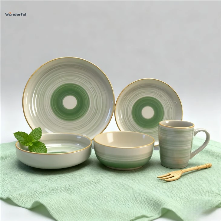 Set Peralatan Makan Keramik Konsentris & Bergaris Dengan Pelek Coklat